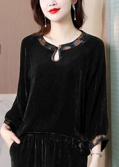 Chic Black O Neck Patchwork Silk Velour Shirts Top Spring TI1030 - fabuloryshop