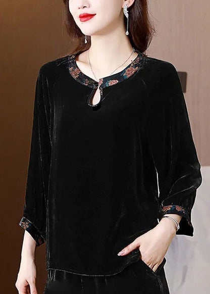 Chic Black O Neck Patchwork Silk Velour Shirts Top Spring TI1030 - fabuloryshop