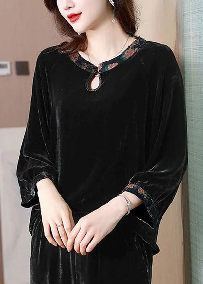 Chic Black O Neck Patchwork Silk Velour Shirts Top Spring TI1030 - fabuloryshop