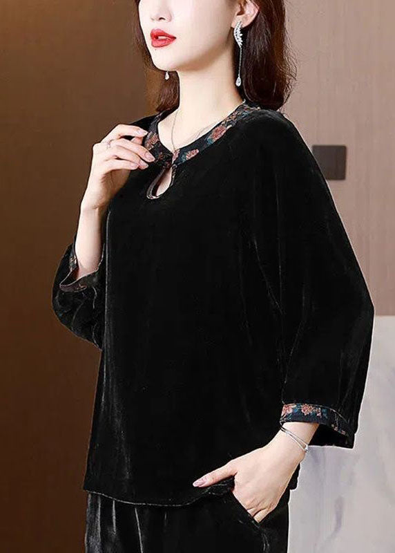 Chic Black O Neck Patchwork Silk Velour Shirts Top Spring TI1030 - fabuloryshop