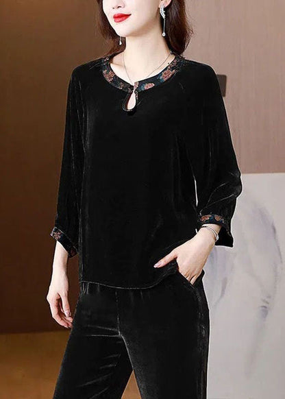 Chic Black O Neck Patchwork Silk Velour Shirts Top Spring TI1030 - fabuloryshop