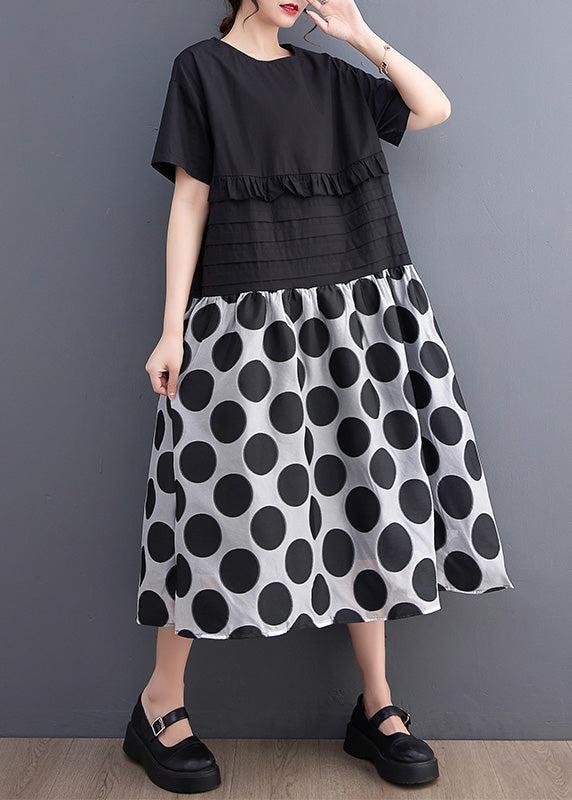 Chic Black O-Neck Ruffled Patchwork Print Dot Maxi Dress Short Sleeve Ada Fashion