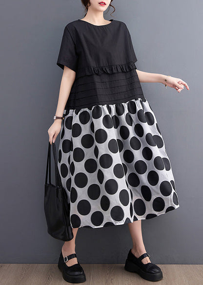 Chic Black O-Neck Ruffled Patchwork Print Dot Maxi Dress Short Sleeve Ada Fashion