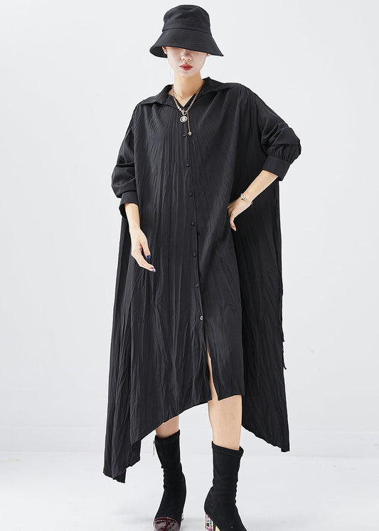 Chic Black Oversized Asymmetrical Design Cotton Shirt Dress Fall Ada Fashion