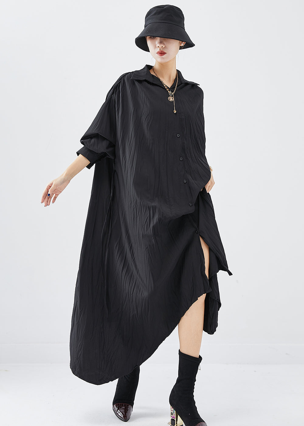 Chic Black Oversized Asymmetrical Design Cotton Shirt Dress Fall Ada Fashion