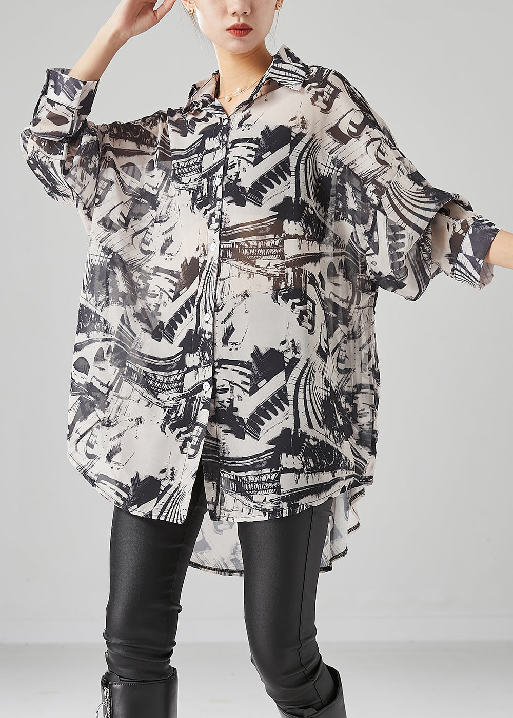 Chic Black Oversized Inkwash Painting Chiffon Blouse Tops Summer LY6681 - fabuloryshop