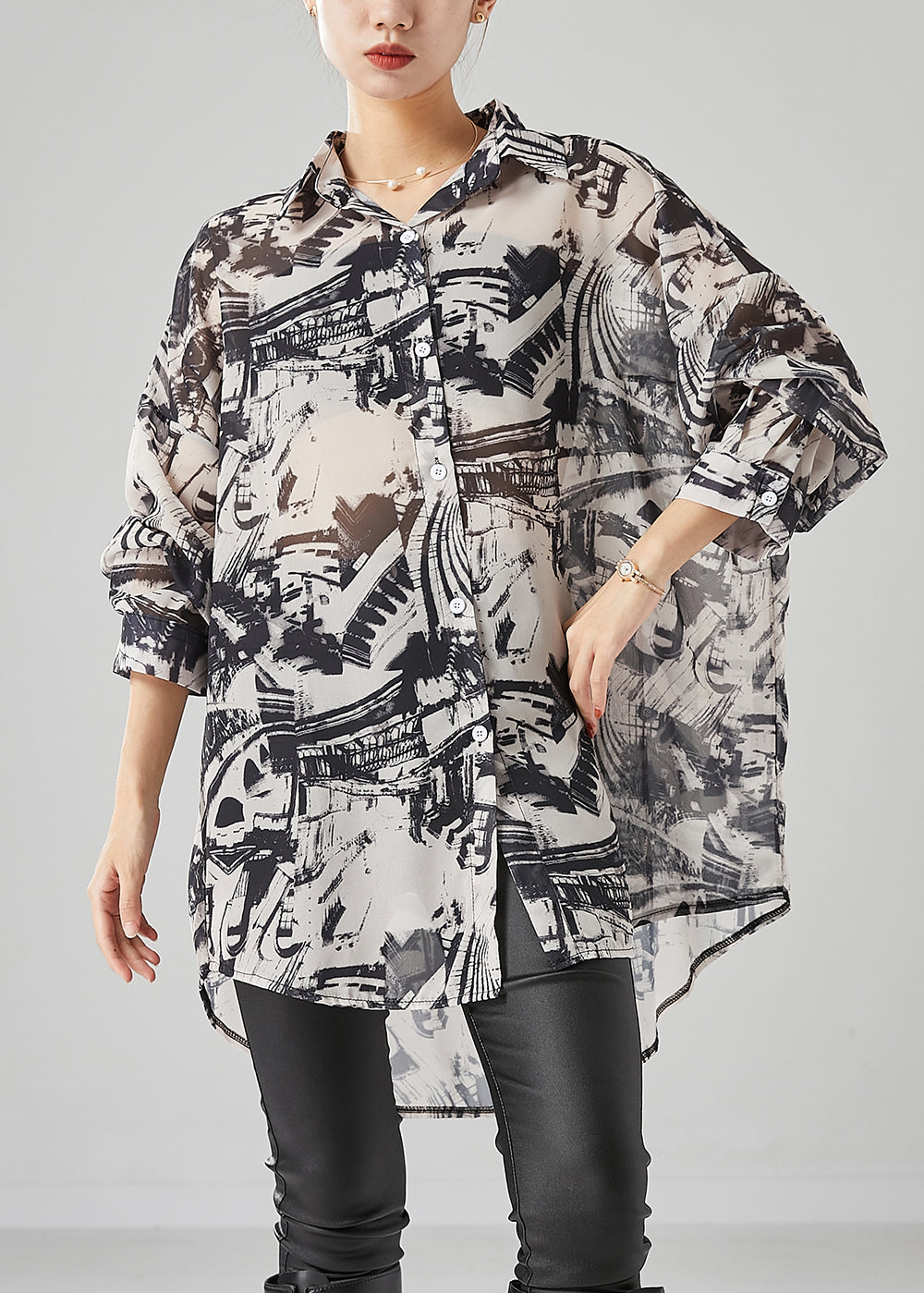 Chic Black Oversized Inkwash Painting Chiffon Blouse Tops Summer LY6681 - fabuloryshop