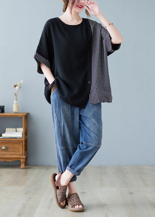 Chic Black Oversized Patchwork Plaid Side Open Cotton Tops Summer LY2388 - fabuloryshop