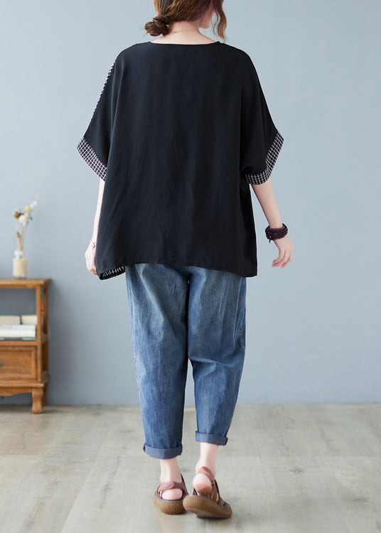 Chic Black Oversized Patchwork Plaid Side Open Cotton Tops Summer LY2388 - fabuloryshop