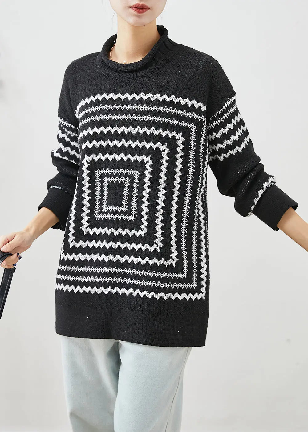 Chic Black Oversized Print Knit Sweaters Winter Ada Fashion