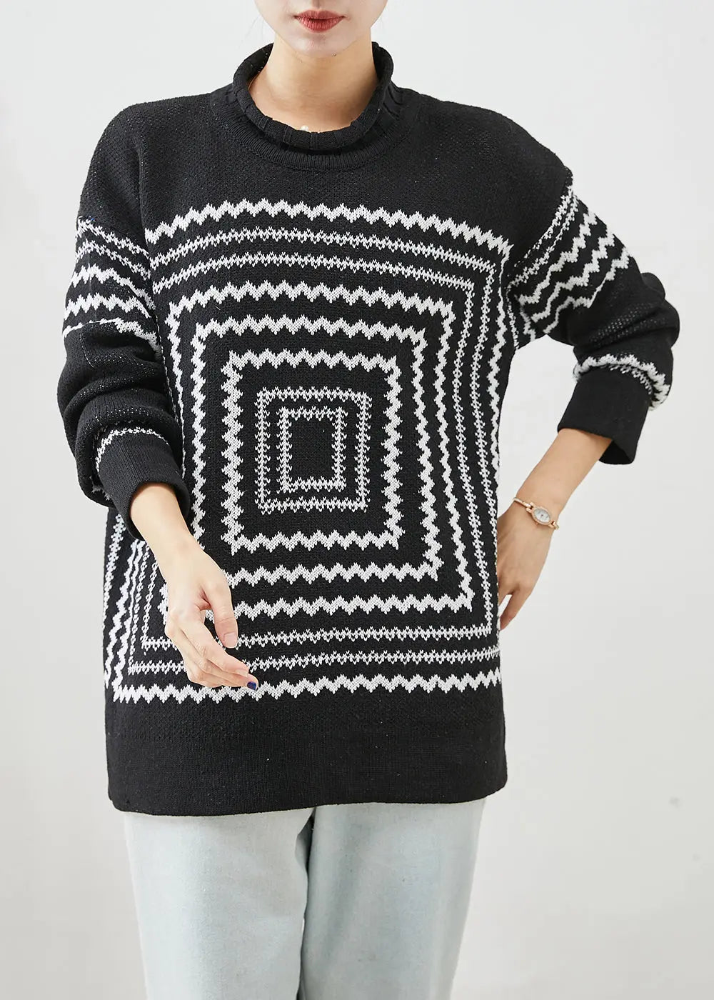 Chic Black Oversized Print Knit Sweaters Winter Ada Fashion