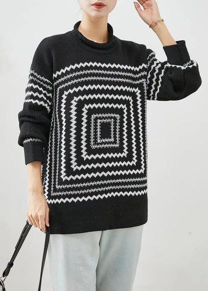 Chic Black Oversized Print Knit Sweaters Winter Ada Fashion