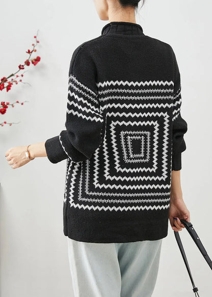 Chic Black Oversized Print Knit Sweaters Winter Ada Fashion