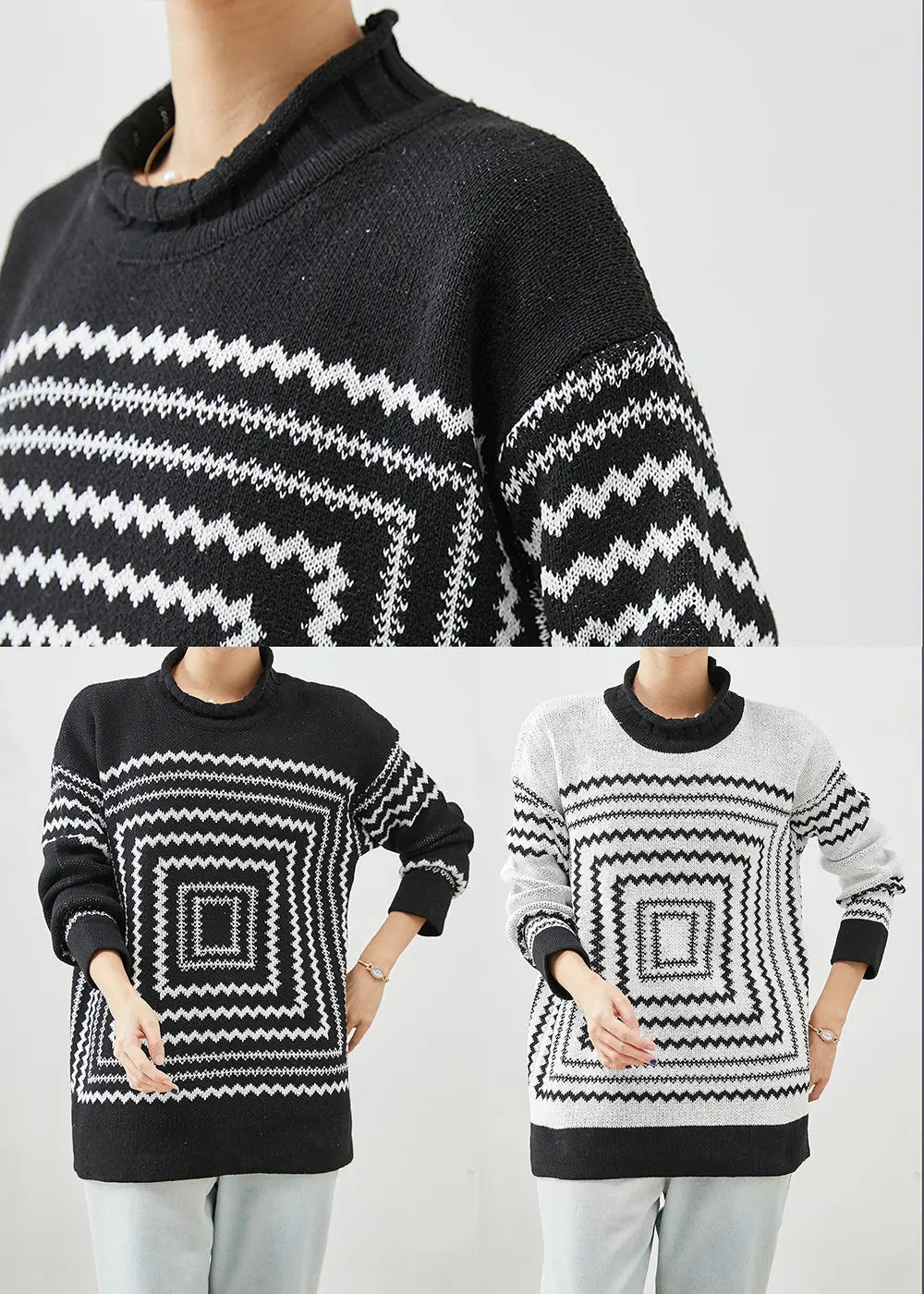 Chic Black Oversized Print Knit Sweaters Winter Ada Fashion