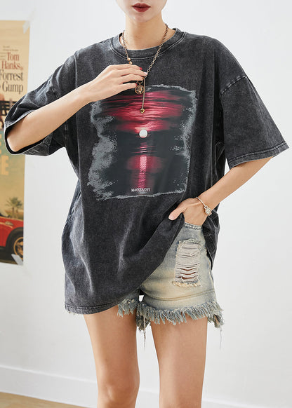 Chic Black Oversized Sunset Print Cotton Tank Tops Summer Ada Fashion