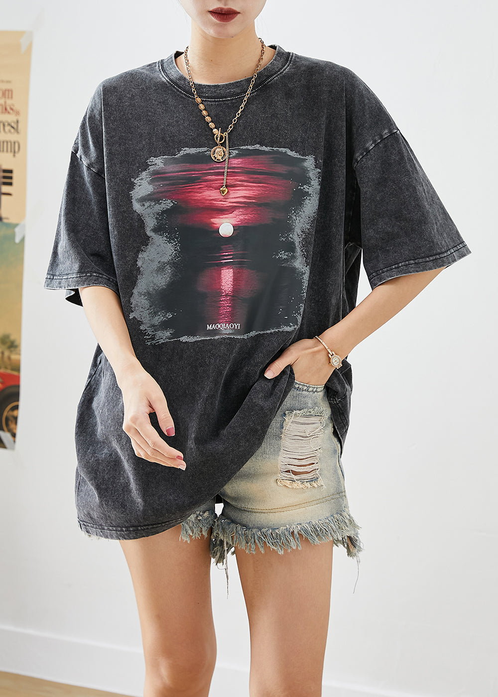 Chic Black Oversized Sunset Print Cotton Tank Tops Summer Ada Fashion
