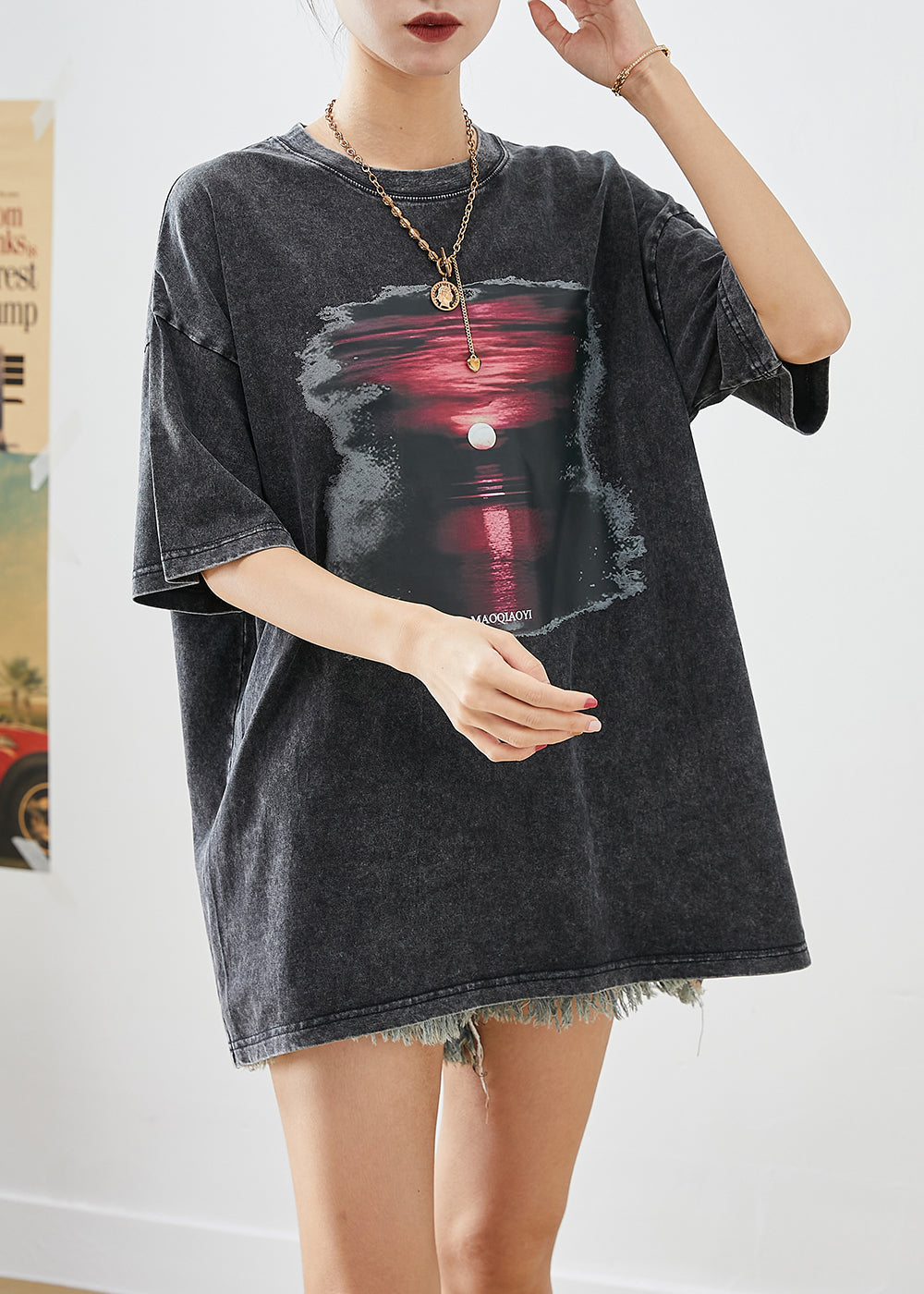 Chic Black Oversized Sunset Print Cotton Tank Tops Summer Ada Fashion