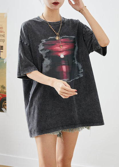 Chic Black Oversized Sunset Print Cotton Tank Tops Summer Ada Fashion