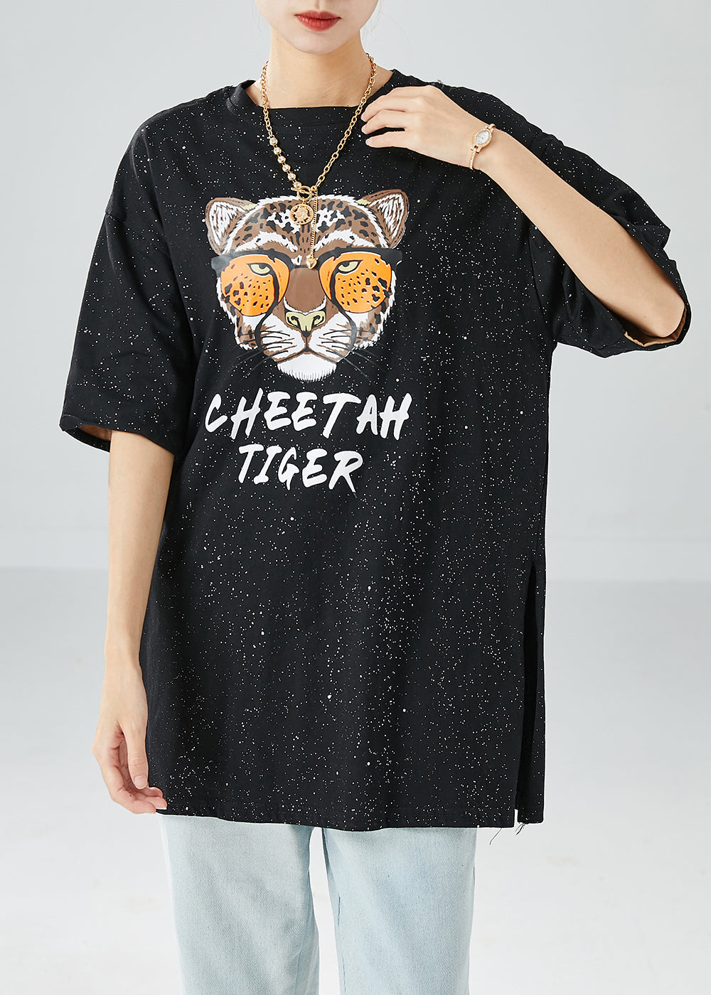 Chic Black Oversized Tiger Print Side Open Cotton Tank Tops Summer LY6128 - fabuloryshop