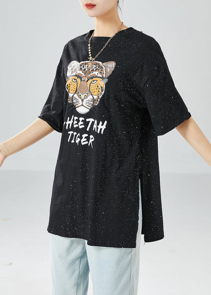 Chic Black Oversized Tiger Print Side Open Cotton Tank Tops Summer LY6128 - fabuloryshop