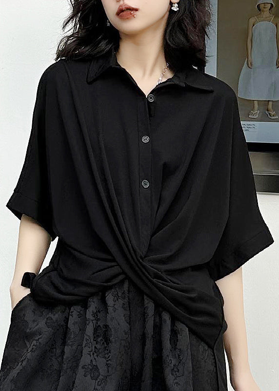 Chic Black Peter Pan Collar Asymmetrical Patchwork Cotton Shirt Top Summer Ada Fashion