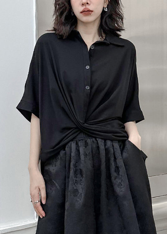 Chic Black Peter Pan Collar Asymmetrical Patchwork Cotton Shirt Top Summer Ada Fashion