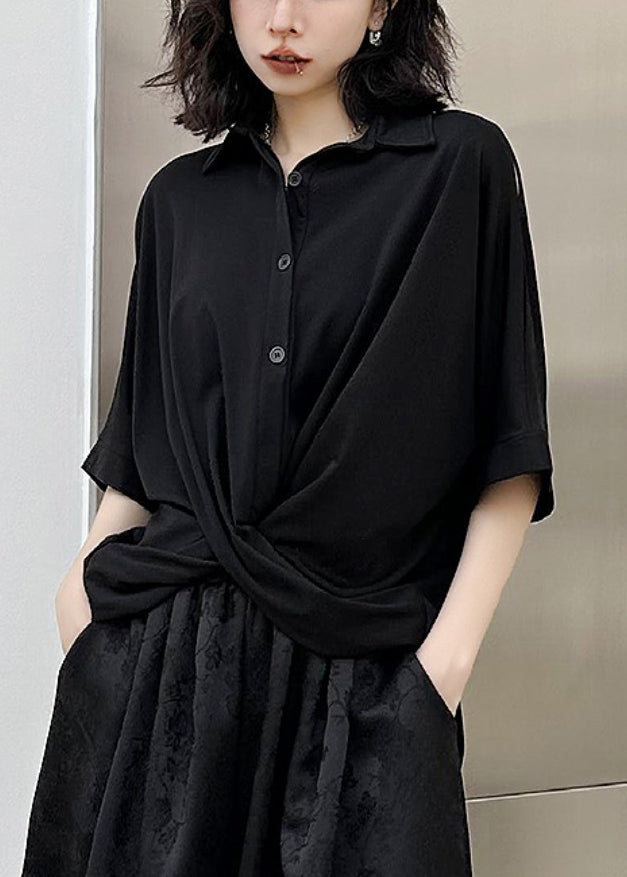 Chic Black Peter Pan Collar Asymmetrical Patchwork Cotton Shirt Top Summer Ada Fashion