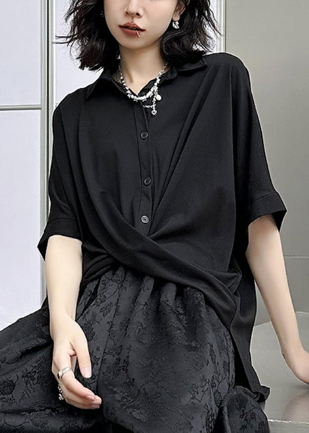 Chic Black Peter Pan Collar Asymmetrical Patchwork Cotton Shirt Top Summer Ada Fashion