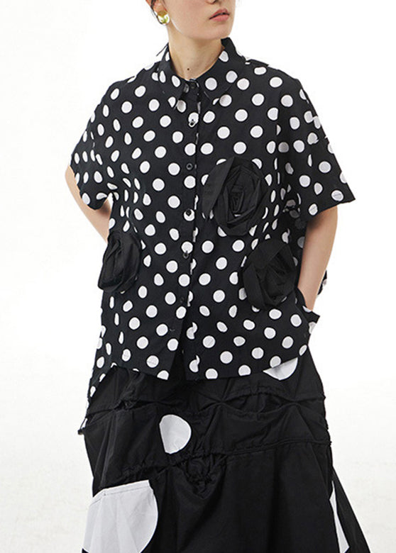 Chic Black Peter Pan Collar Dot Cotton Shirt Summer LY1194 - fabuloryshop