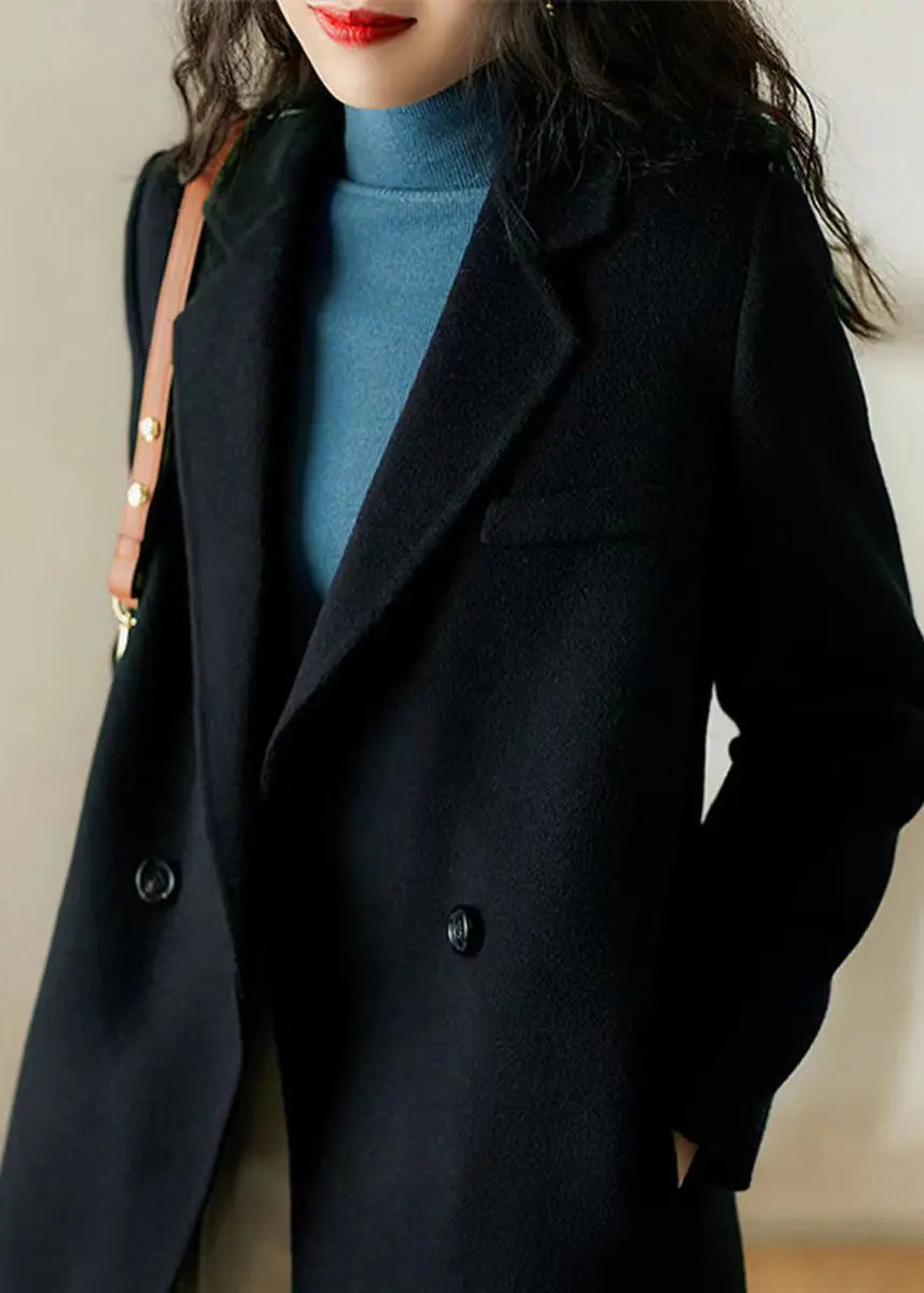 Chic Black Peter Pan Collar Pockets Patchwork Woolen Trench Winter Ada Fashion