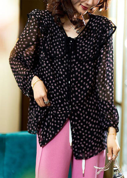 Chic Black Peter Pan Collar Print Patchwork Chiffon Blouse Tops Spring LY3834 - fabuloryshop