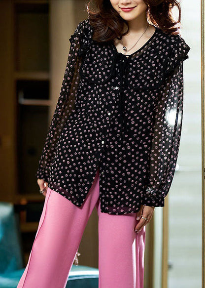 Chic Black Peter Pan Collar Print Patchwork Chiffon Blouse Tops Spring LY3834 - fabuloryshop