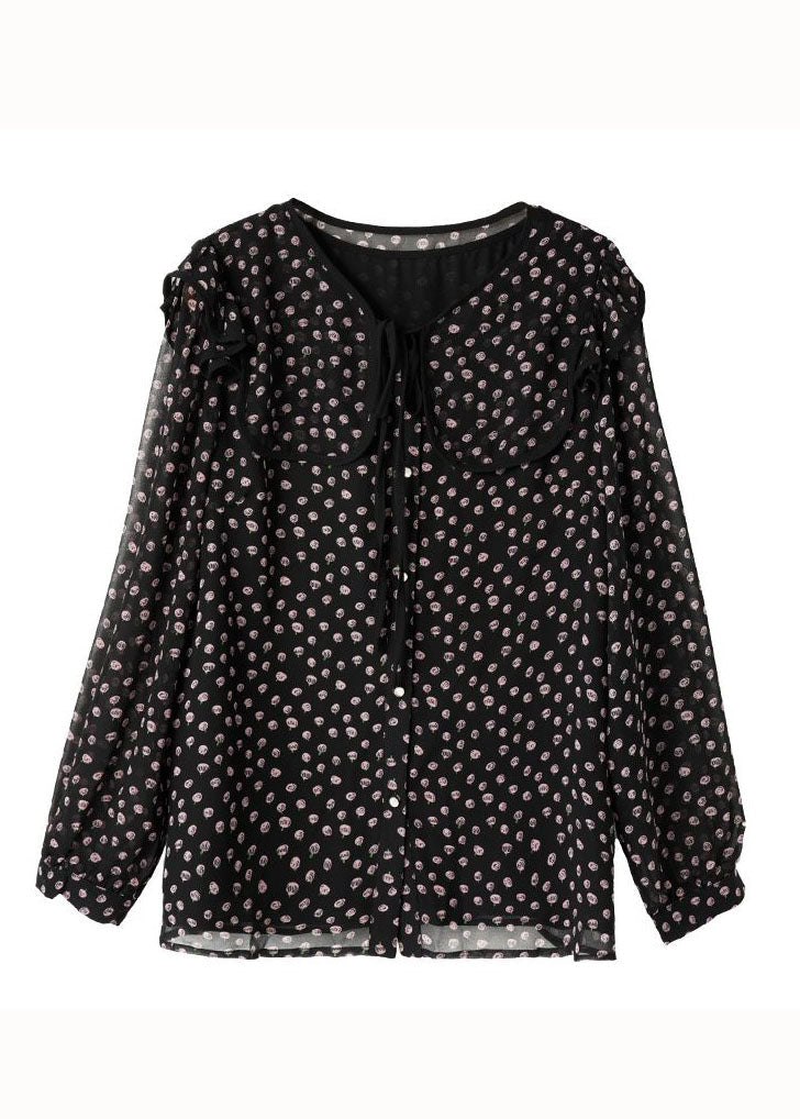 Chic Black Peter Pan Collar Print Patchwork Chiffon Blouse Tops Spring LY3834 - fabuloryshop