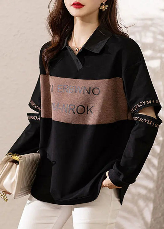 Chic Black Peter Pan Collar Print Patchwork Cotton Sweatshirts Fall Ada Fashion