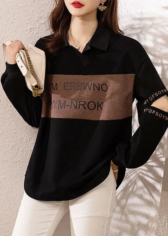 Chic Black Peter Pan Collar Print Patchwork Cotton Sweatshirts Fall Ada Fashion