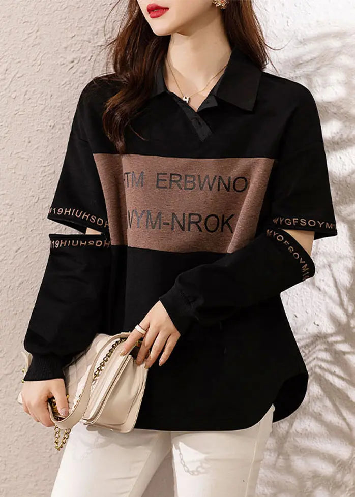 Chic Black Peter Pan Collar Print Patchwork Cotton Sweatshirts Fall Ada Fashion