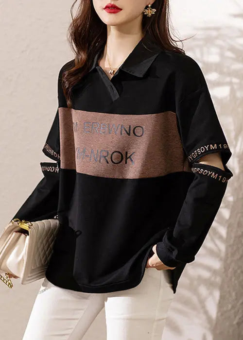 Chic Black Peter Pan Collar Print Patchwork Cotton Sweatshirts Fall Ada Fashion