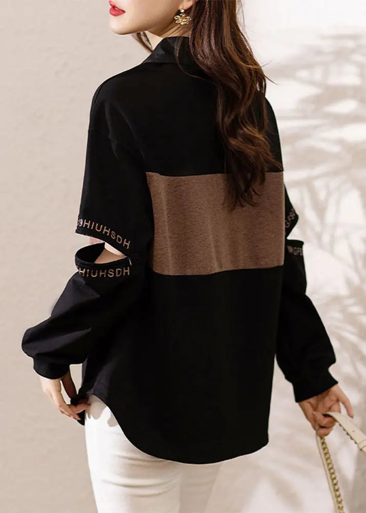 Chic Black Peter Pan Collar Print Patchwork Cotton Sweatshirts Fall Ada Fashion