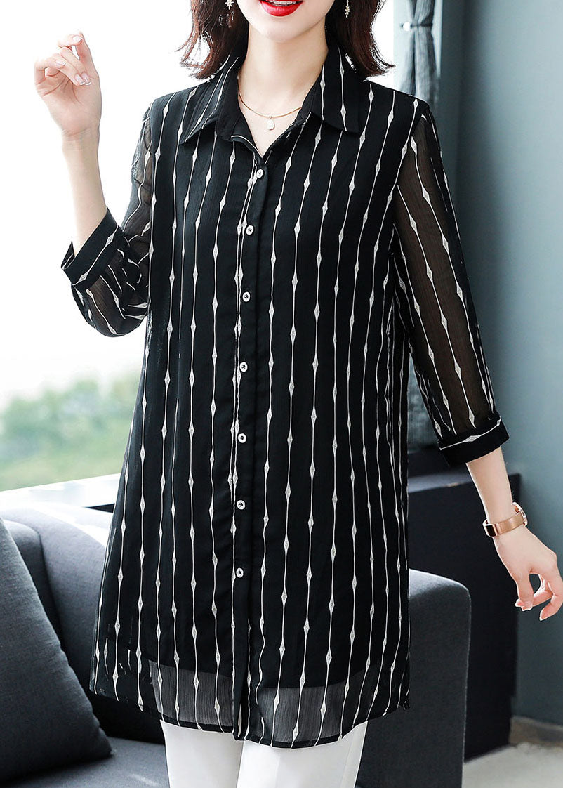 Chic Black Peter Pan Collar Striped Patchwork Silk Shirt Bracelet Sleeve TF1013 - fabuloryshop