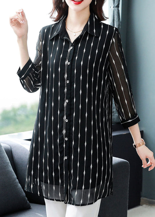 Chic Black Peter Pan Collar Striped Patchwork Silk Shirt Bracelet Sleeve TF1013 - fabuloryshop