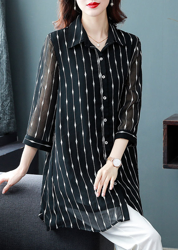 Chic Black Peter Pan Collar Striped Patchwork Silk Shirt Bracelet Sleeve TF1013 - fabuloryshop