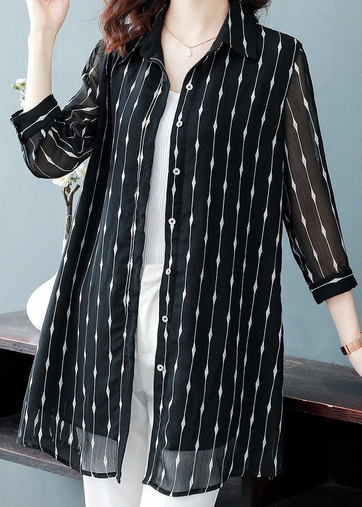 Chic Black Peter Pan Collar Striped Patchwork Silk Shirt Bracelet Sleeve TF1013 - fabuloryshop