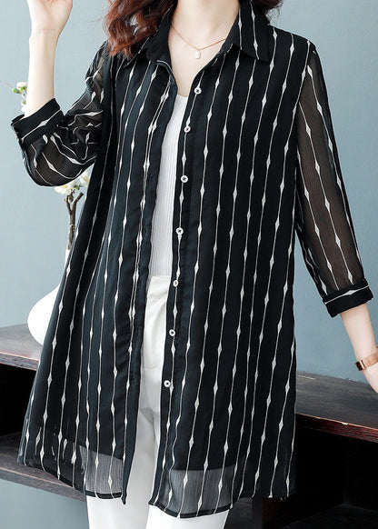 Chic Black Peter Pan Collar Striped Patchwork Silk Shirt Bracelet Sleeve TF1013 - fabuloryshop