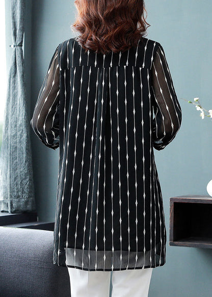 Chic Black Peter Pan Collar Striped Patchwork Silk Shirt Bracelet Sleeve TF1013 - fabuloryshop