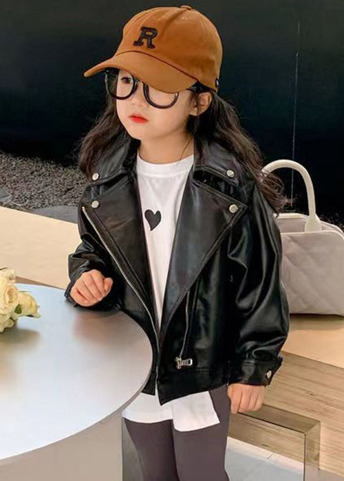 Chic Black Peter Pan Collar Zip Up Faux Leather Girls Coats Fall Ada Fashion