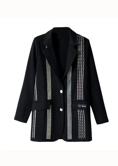 Chic Black Peter Pan Collar Zircon Patchwork Cotton Coat Fall Ada Fashion