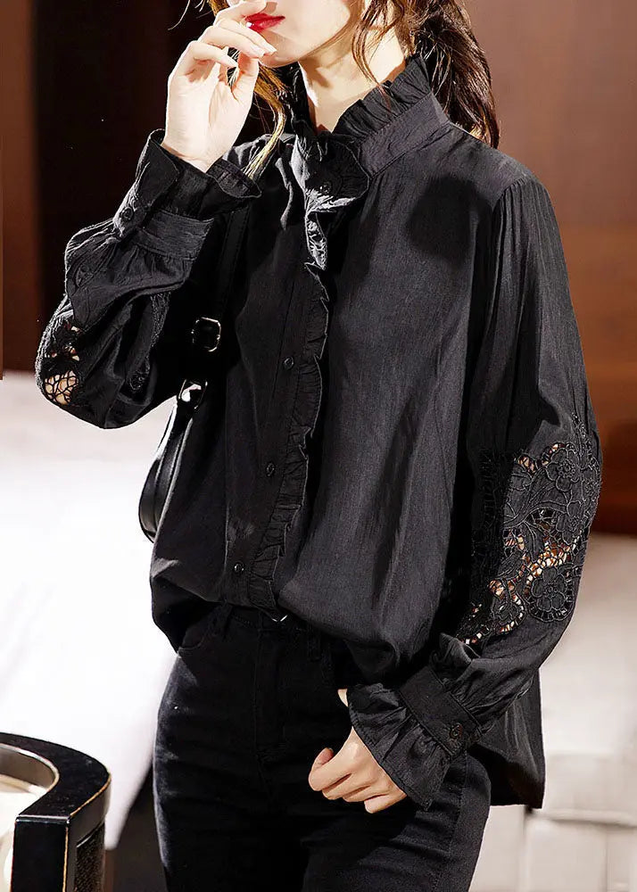 Chic Black Ruffled Lace Patchwork Hollow Out Shirts Long Sleeve Ada Fashion