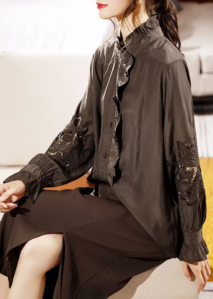 Chic Black Ruffled Lace Patchwork Hollow Out Shirts Long Sleeve Ada Fashion