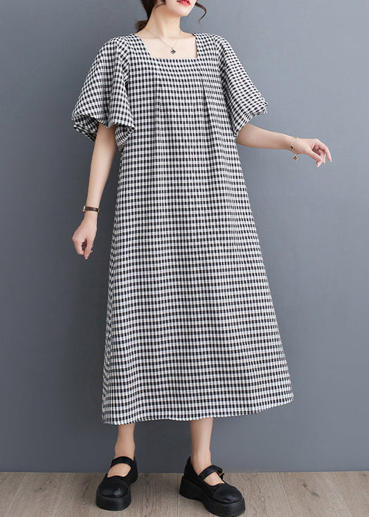 Chic Black Square Collar Plaid Linen A Line Dress Puff Sleeve LY4940 - fabuloryshop