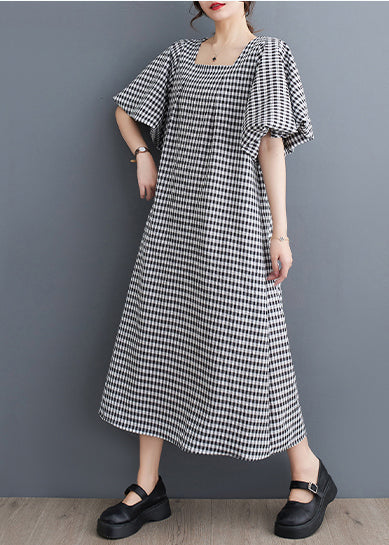 Chic Black Square Collar Plaid Linen A Line Dress Puff Sleeve LY4940 - fabuloryshop